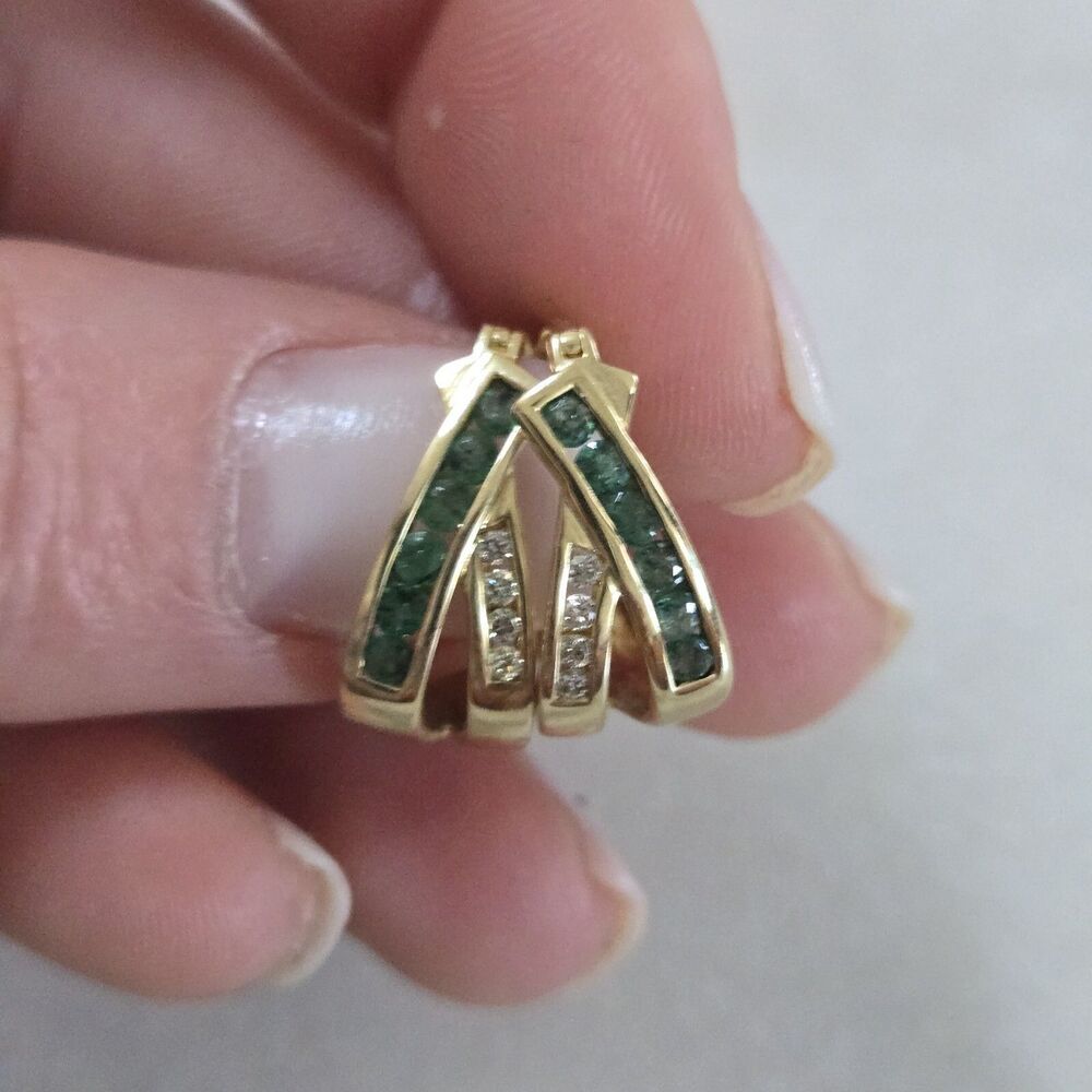 Estate 14K Yellow Gold Emerald Huggie Earrings - Picture 4 of 12